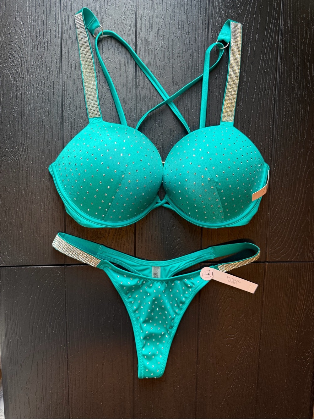 Teal Victoria’s Secret Bombshell Rhinestone Bikini Set with Sparkle Straps